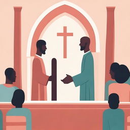 Create an illustration depicting gender equality between men and women in a church setting