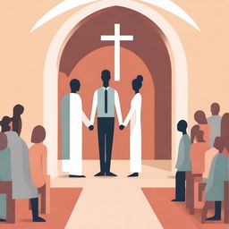 Create an illustration depicting gender equality between men and women in a church setting