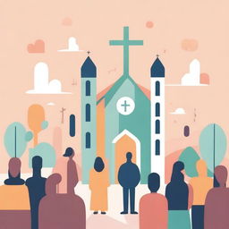 Create an illustration that depicts gender equality between men and women within a church setting