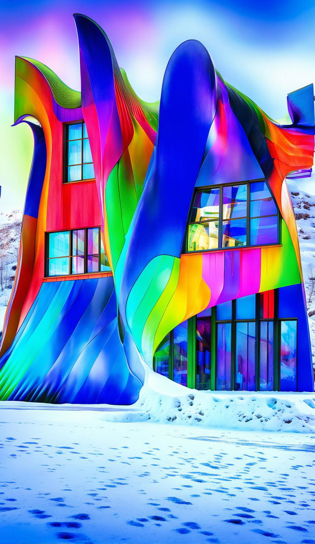 Psychedelic modern architecture styled house nestled in a snowy landscape, illuminated by intense lighting.