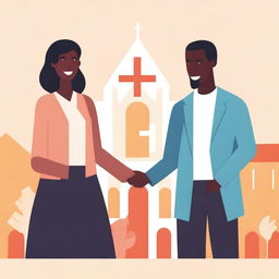 Create an illustration that depicts gender equality between men and women within a church setting