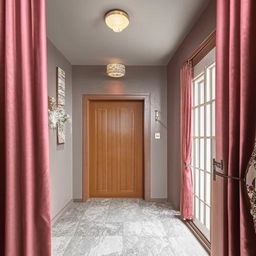 A rectangular hall featuring grey marble tiled flooring, fuscous grey walls, a wooden window and door adorned with elegant curtains, two light fans, a wall-mounted clock and picture frame, a corner lamp, and a TV unit matching the door wall.