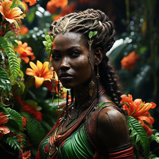 Hyper-realistic 3D image of a zoomed-out view of a different African elf woman with braids in a rococo outfit, standing in a vibrant, magical African jungle. Her face is more intricately detailed, and the image is shot with an intense, immaculate composition and lighting.