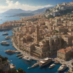 A rendering of the city-state of Monaco given a steampunk treatment, where the luxurious urban landscapes are interlaid with intricate mechanical details, and the harbor enriched with steam-powered yachts.