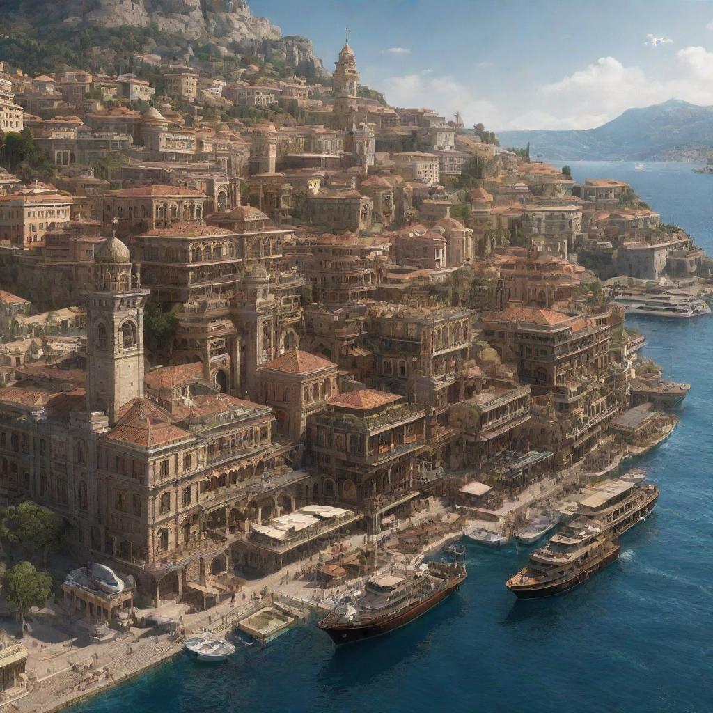 A rendering of the city-state of Monaco given a steampunk treatment, where the luxurious urban landscapes are interlaid with intricate mechanical details, and the harbor enriched with steam-powered yachts.