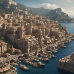 A rendering of the city-state of Monaco given a steampunk treatment, where the luxurious urban landscapes are interlaid with intricate mechanical details, and the harbor enriched with steam-powered yachts.