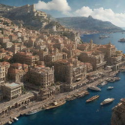 A rendering of the city-state of Monaco given a steampunk treatment, where the luxurious urban landscapes are interlaid with intricate mechanical details, and the harbor enriched with steam-powered yachts.