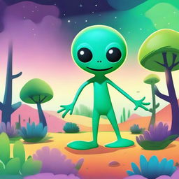 Create an image of a friendly alien with green skin, large eyes, and a welcoming smile