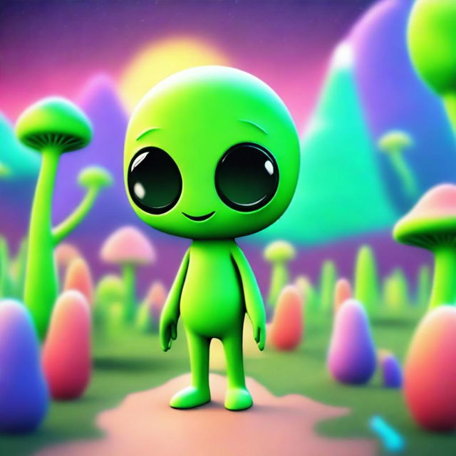 Create an image of a friendly alien with green skin, large eyes, and a welcoming smile