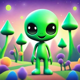 Create an image of a friendly alien with green skin, large eyes, and a welcoming smile