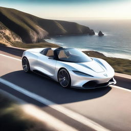 A high-resolution image of a sleek white convertible supercar parked on a scenic coastal road