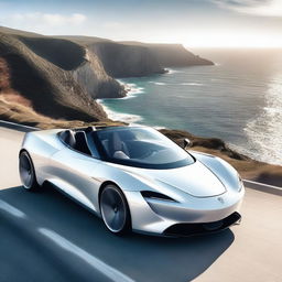 A high-resolution image of a sleek white convertible supercar parked on a scenic coastal road