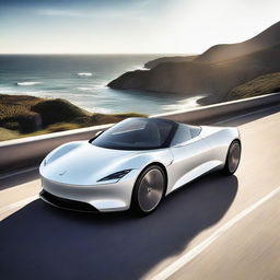 A high-resolution image of a sleek white convertible supercar parked on a scenic coastal road