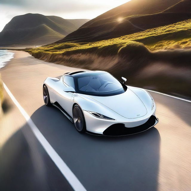 A high-resolution image of a sleek white convertible supercar parked on a scenic coastal road