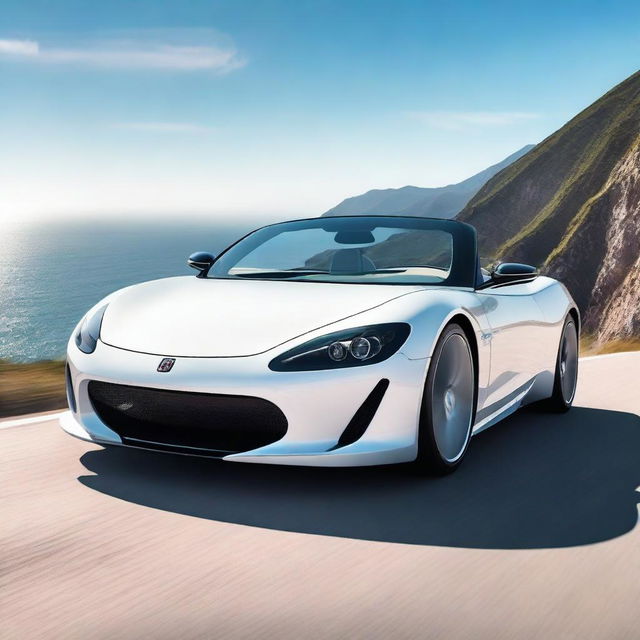 A sleek, modern white convertible supercar parked on a scenic coastal road