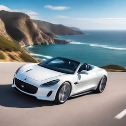 A sleek, modern white convertible supercar parked on a scenic coastal road