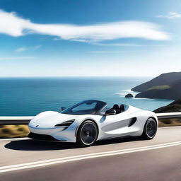 A sleek, modern white convertible supercar parked on a scenic coastal road