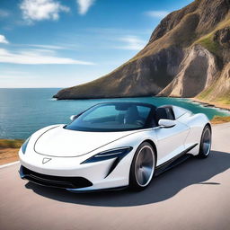 A sleek, modern white convertible supercar parked on a scenic coastal road