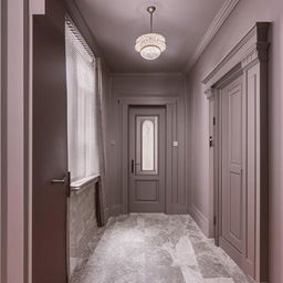 A rectangular hall featuring grey marble tiled flooring, fuscous grey walls, a wooden window and door adorned with elegant curtains, two light fans, a wall-mounted clock and picture frame, a corner lamp, and a TV unit matching the door wall.