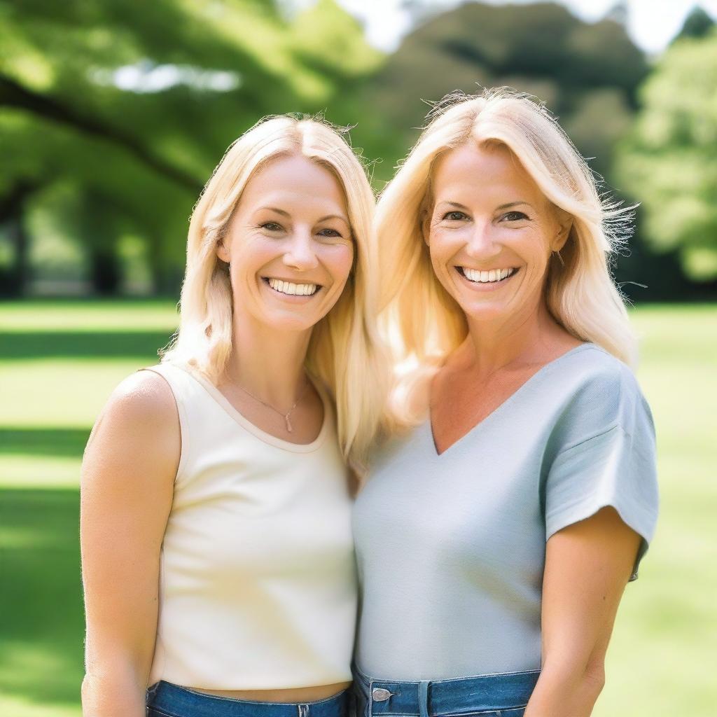 Create an image of two blonde women standing together