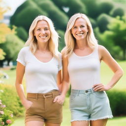 Create an image of two blonde women standing together