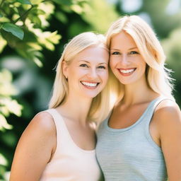 Create an image of two blonde women standing together