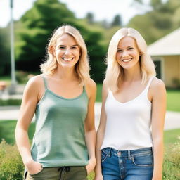 Create an image of two blonde women standing together