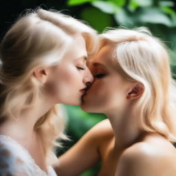 Two blonde women kissing, in a romantic and intimate setting