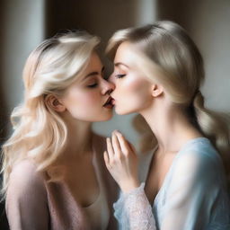 Two blonde women kissing, in a romantic and intimate setting