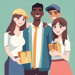 Create an image of a group of students consisting of three guys and two girls, each wearing unique clothes