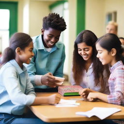 Create an image of a group of five students sitting at a table