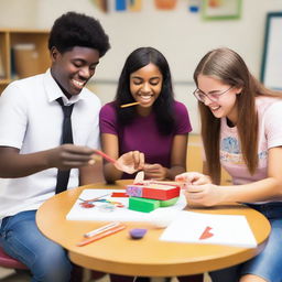 Create an image of a group of five students sitting at a table