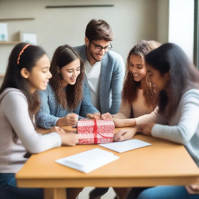 Create an image of a group of five students sitting at a table