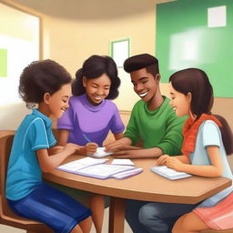 Create an image of a group of five students sitting at a table