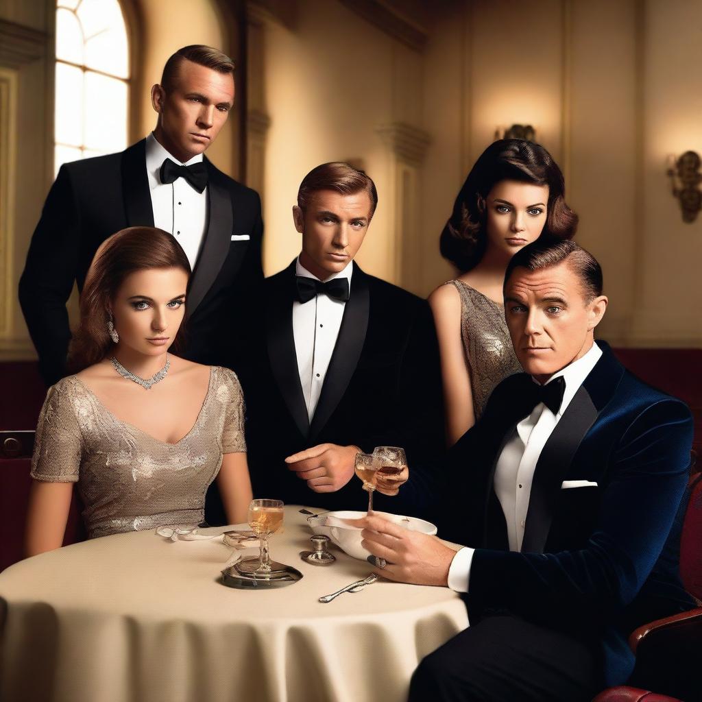 Create an image of a group of five students sitting at a table in a James Bond style