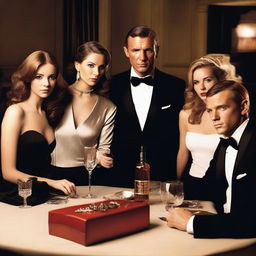 Create an image of a group of five students sitting at a table in a James Bond style