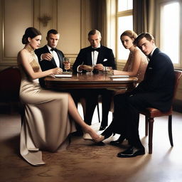 Create an image of a group of five students sitting at a table in a James Bond style