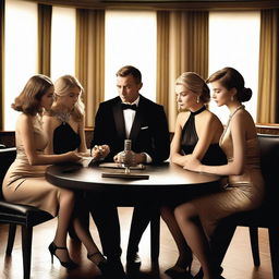 Create an image of a group of five students sitting at a table in a James Bond style