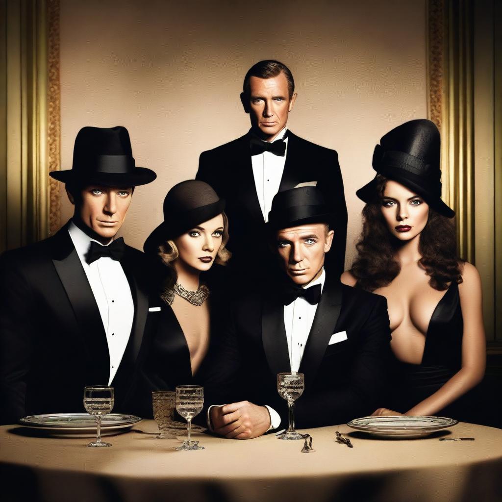 Create an image of a group of six people sitting at a table in a James Bond style