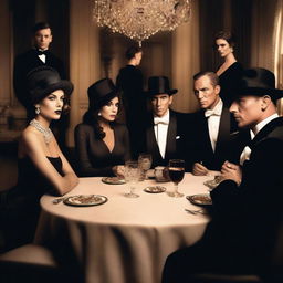 Create an image of a group of six people sitting at a table in a James Bond style