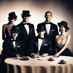 Create an image of a group of six people sitting at a table in a James Bond style