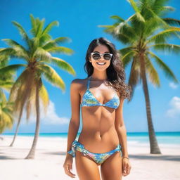 A person wearing a hot bikini on a sunny beach, with clear blue skies and palm trees in the background