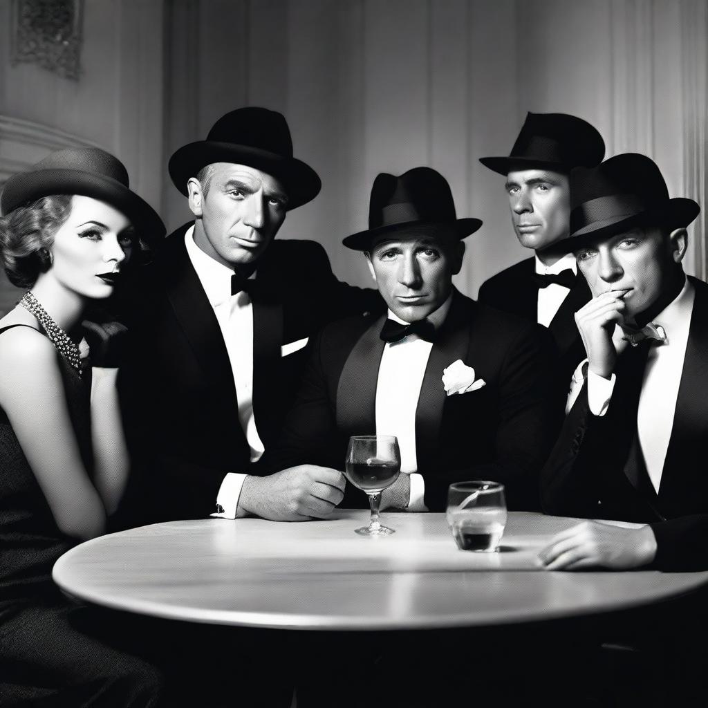 Create an image of a group of six people sitting at a table in a James Bond style