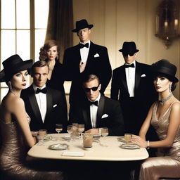 Create an image of a group of six people sitting at a table in a James Bond style