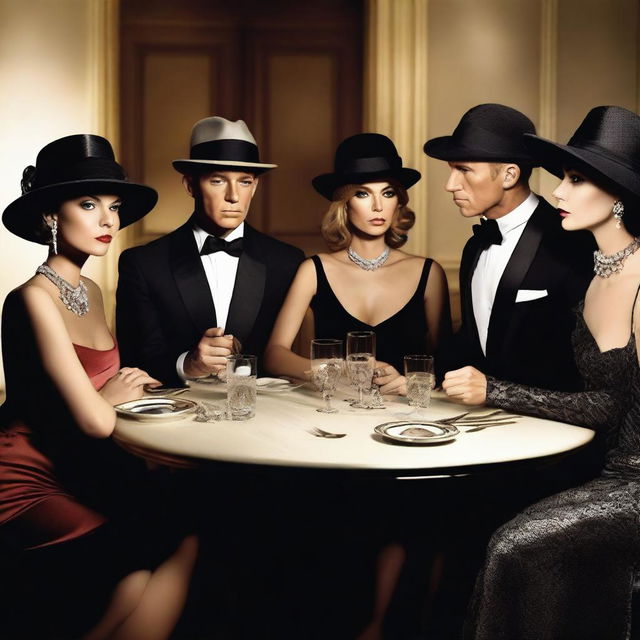 Create an image of a group of six people sitting at a table in a James Bond style