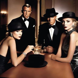 Create an image of a group of six people sitting at a table in a James Bond style