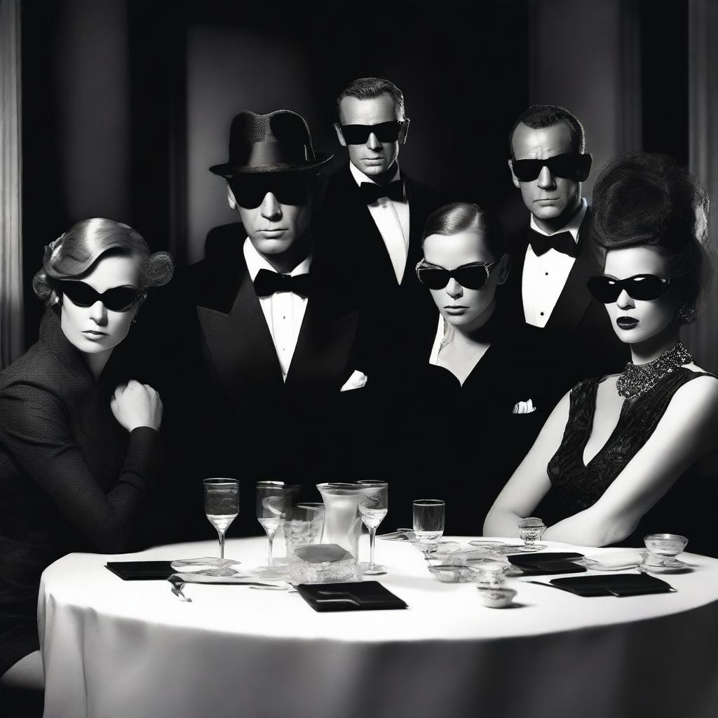 Create an image of a group of six people sitting at a table in a James Bond style