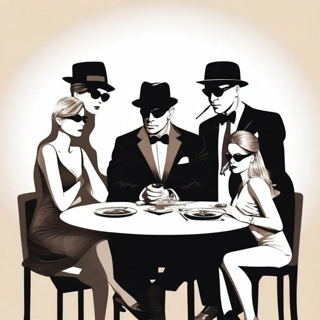 Create an image of a group of six people sitting at a table in a James Bond style