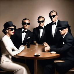 Create an image of a group of six people sitting at a table in a James Bond style