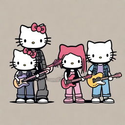 A group of Hello Kitty characters standing side by side in a line, each dressed as a famous grunge musician